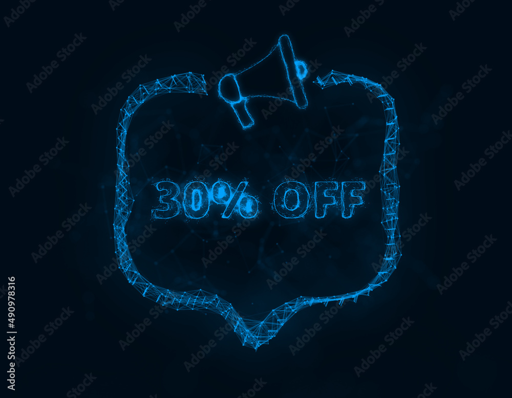 Leinwandbilder megaphone banner with speech bubble and text 30 percent off. plexus style of blue glowing dots and l