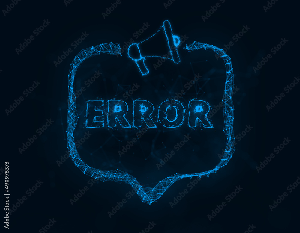 Aufkleber Megaphone banner with speech bubble and text error. Plexus style of blue glowing dots and lines. Abstract illustration