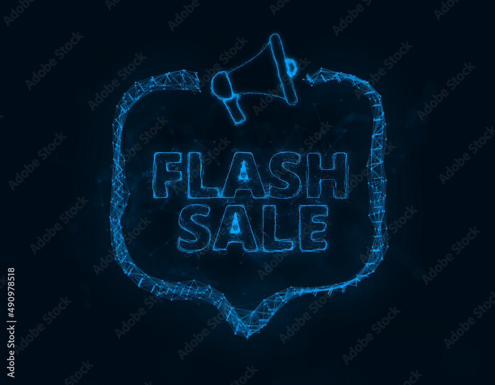 Aufkleber Megaphone banner with speech bubble and text flash sale. Plexus style of blue glowing dots and lines. Abstract illustration