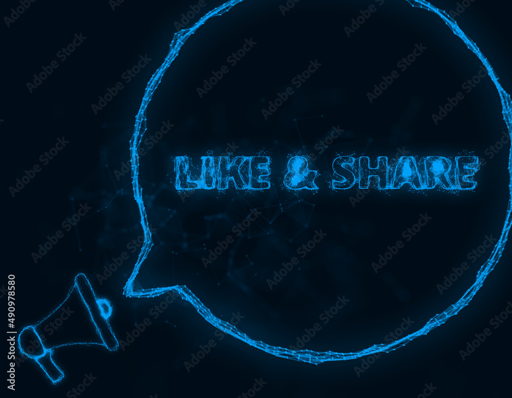 Poster Megaphone banner with speech bubble and text like and share. Plexus style of blue glowing dots and lines. Abstract illustration