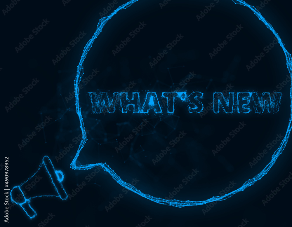 Poster Megaphone banner with speech bubble and text what's new. Plexus style of blue glowing dots and lines. Abstract illustration