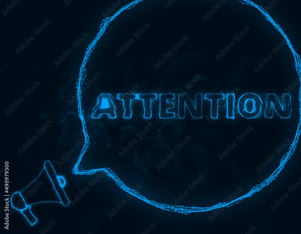 Poster Megaphone banner with speech bubble and text attention. Plexus style of blue glowing dots and lines. Abstract illustration