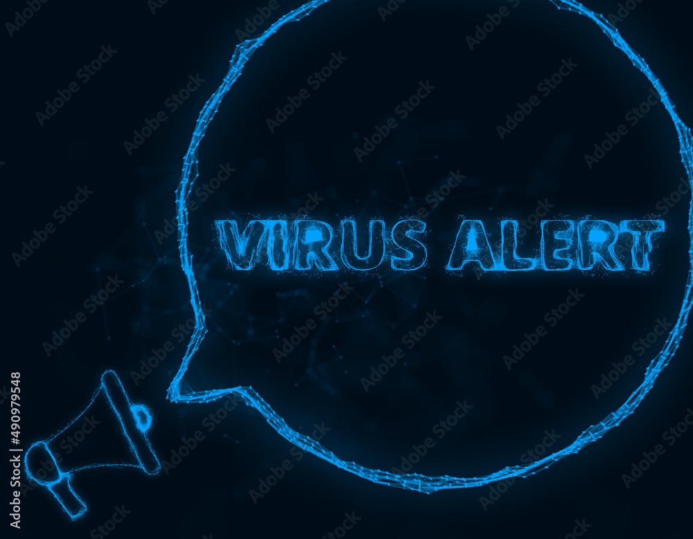 Poster Megaphone banner with speech bubble and text virus alert. Plexus style of blue glowing dots and lines. Abstract illustration