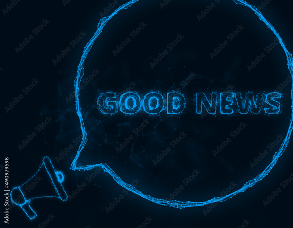 Poster Megaphone banner with speech bubble and text good news. Plexus style of blue glowing dots and lines. Abstract illustration