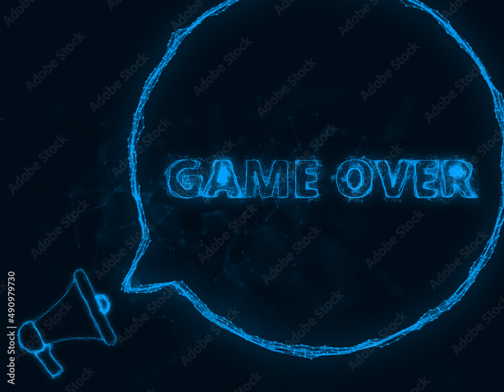 Poster Megaphone banner with speech bubble and text game over. Plexus style of blue glowing dots and lines. Abstract illustration
