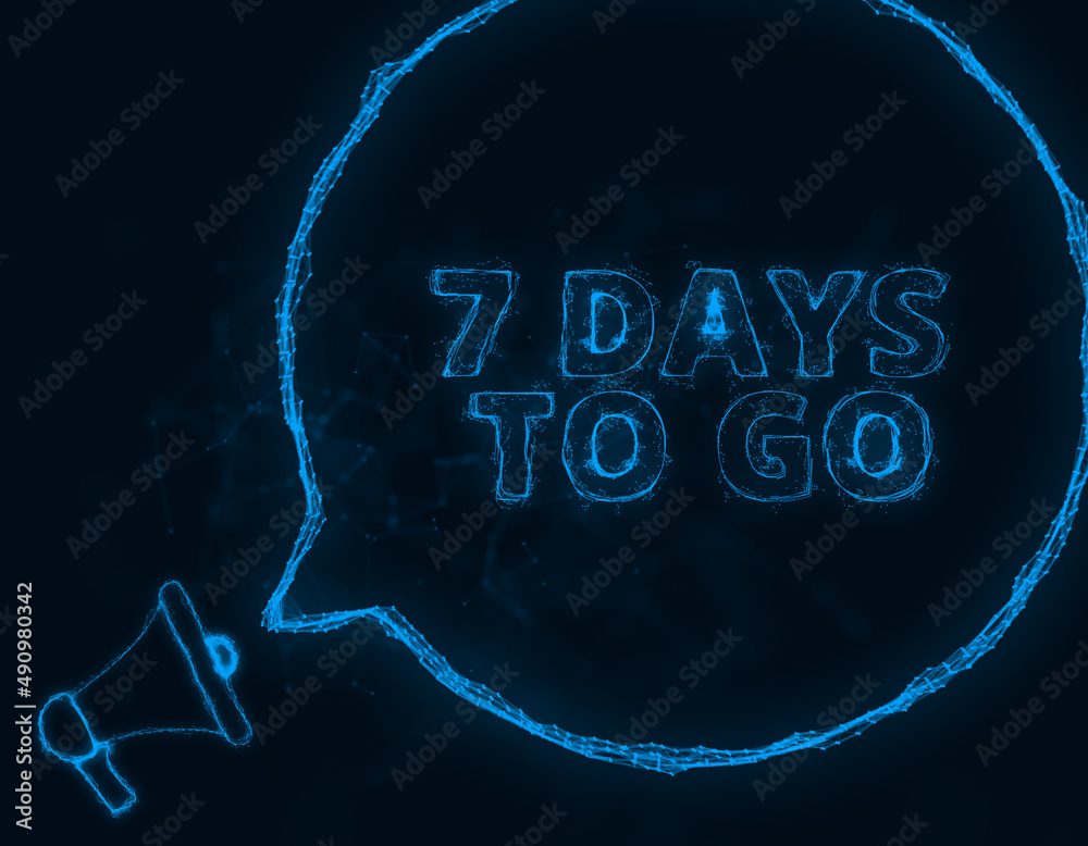 Aufkleber Megaphone banner with speech bubble and text 7 days to go. Plexus style of blue glowing dots and lines. Abstract illustration