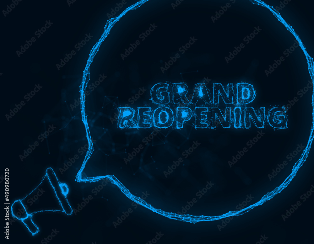 Poster Megaphone banner with speech bubble and text grand reopening. Plexus style of blue glowing dots and lines. Abstract illustration