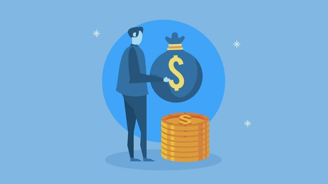 financial animation with businessman and money bag