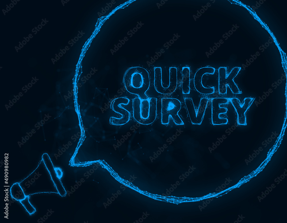 Aufkleber Megaphone banner with speech bubble and text quick survey. Plexus style of blue glowing dots and lines. Abstract illustration