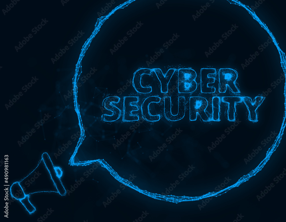 Poster Megaphone banner with speech bubble and text cyber security. Plexus style of blue glowing dots and lines. Abstract illustration