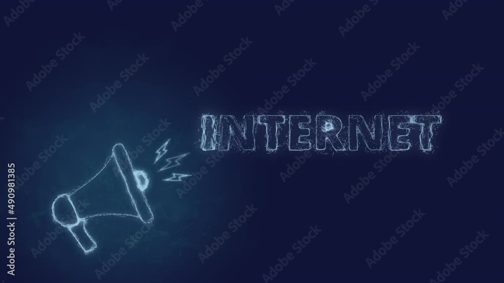 Poster Megaphone banner with text internet. Plexus style of blue glowing dots and lines