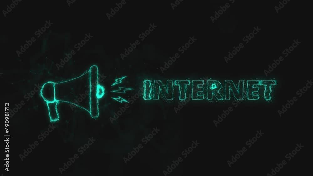 Poster Megaphone banner with text internet. Plexus style of blue glowing dots and lines