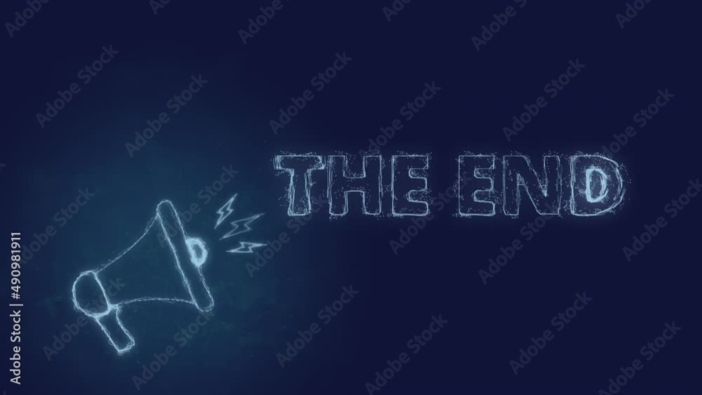 Poster Megaphone banner with text the end. Plexus style of blue glowing dots and lines