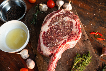 Sliced grilled thai steak served on white plate with grilled sliced lemon, tomatoes, garlic