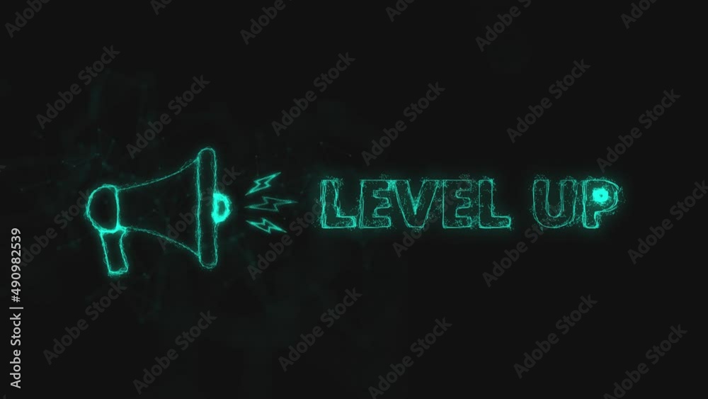 Poster Megaphone banner with text level up. Plexus style of blue glowing dots and lines