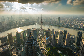 skyline of lujiazui district of shanghai city in china at dusk