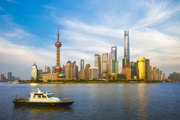 Skyline of Pudong district by Huangpu River in Shanghai, China