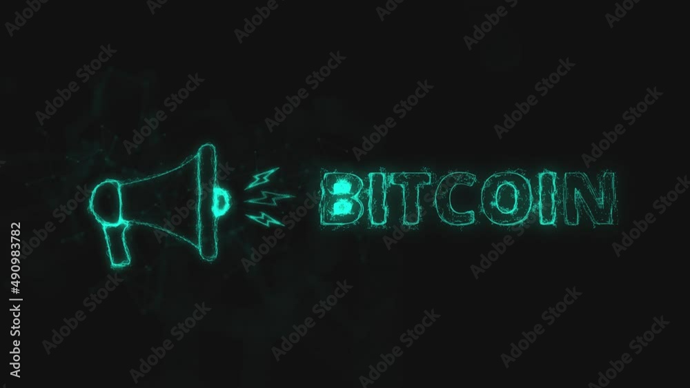Poster Megaphone banner with text bitcoin. Plexus style of blue glowing dots and lines