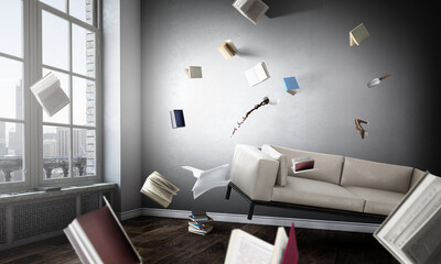 Conceptual image with business items flying in air