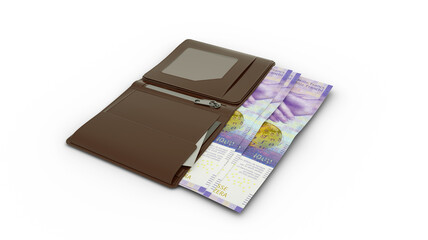 3D rendering of Swiss franc notes in wallet