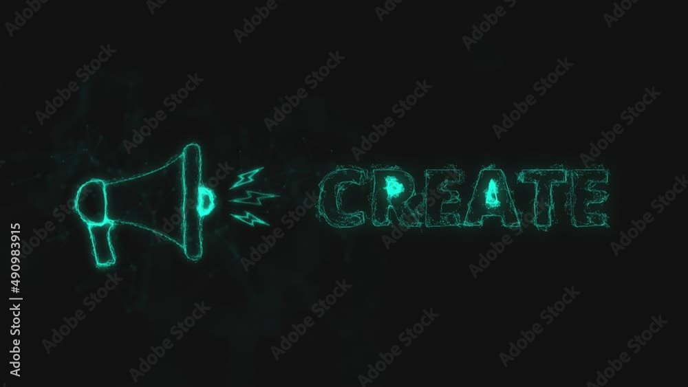 Poster Megaphone banner with text create. Plexus style of green glowing dots and lines
