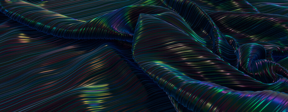 Black Liquid Background with Ripples. Futuristic Texture with Neon Highlights.
