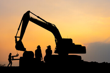 Silhouette of Construction site with road construction worker and excavator - obrazy, fototapety, plakaty