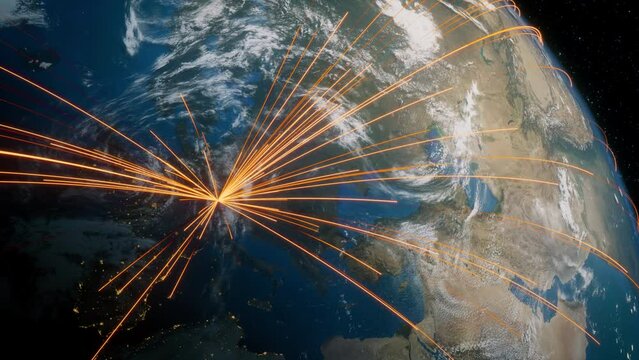 Earth in Space. Orange Lines connect Munich, Germany with Cities across the World. Global Travel or Communication Concept.