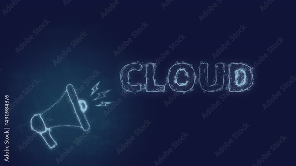 Poster Megaphone banner with text cloud. Plexus style of blue glowing dots and lines