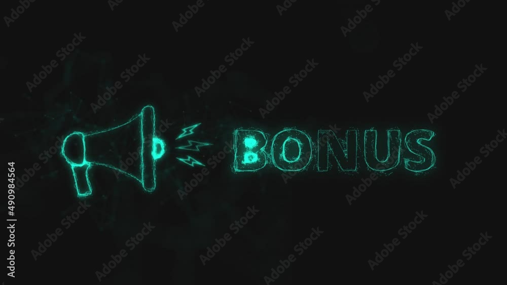 Poster Megaphone banner with text bonus. Plexus style of blue glowing dots and lines