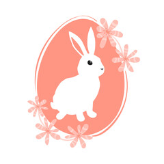 Bunny in Easter Egg and pink flowers around Egg. Vector illustration.