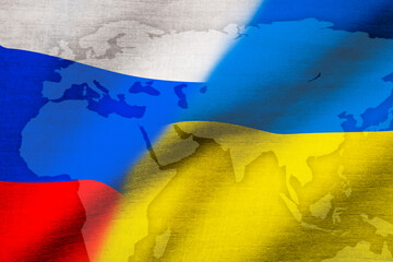 ロシアとウクライナ国旗 と世界地図