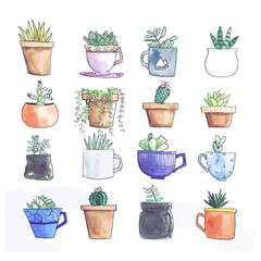 Fototapeta premium Assorted Floral Vector Outline illustration in a vase and jars, Potted Flower and Plants on Flat Style Set Pack