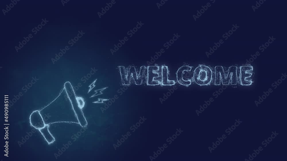 Poster Megaphone banner with text welcome. Plexus style of blue glowing dots and lines