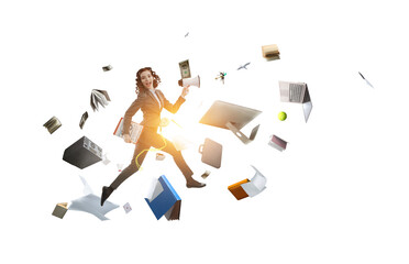 Conceptual image with business items flying in air