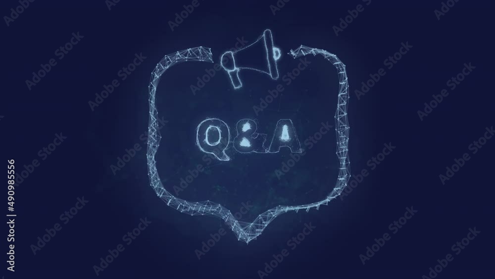 Poster Megaphone banner with speech bubble and text q and a. Question. Plexus style of green glowing dots and lines