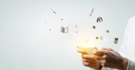 Conceptual image with business items flying in air