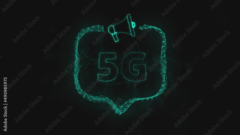 Poster Megaphone banner with speech bubble and text 5G. Plexus style of green glowing dots and lines