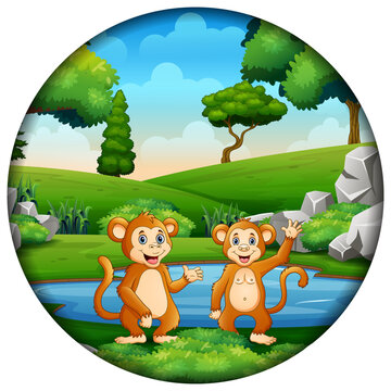 Cute monkeys by the pond in circular frame