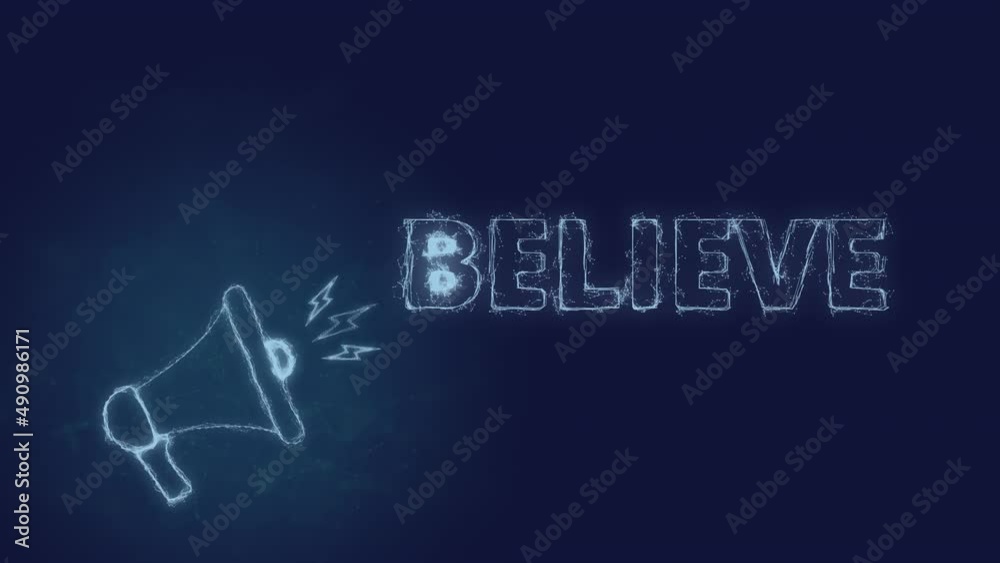 Poster Megaphone banner with text believe. Plexus style of green glowing dots and lines