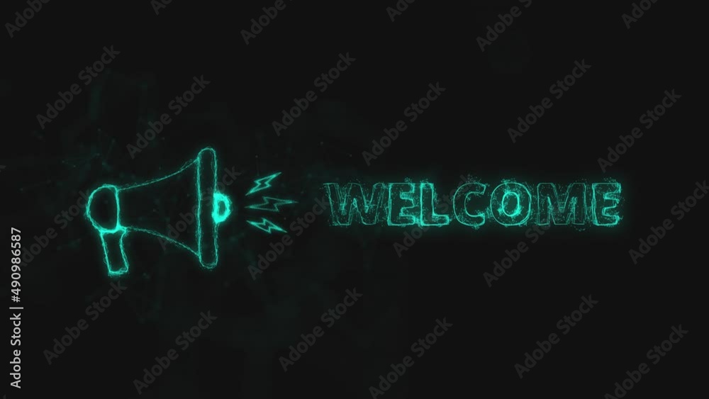 Poster Megaphone banner with text welcome. Plexus style of blue glowing dots and lines