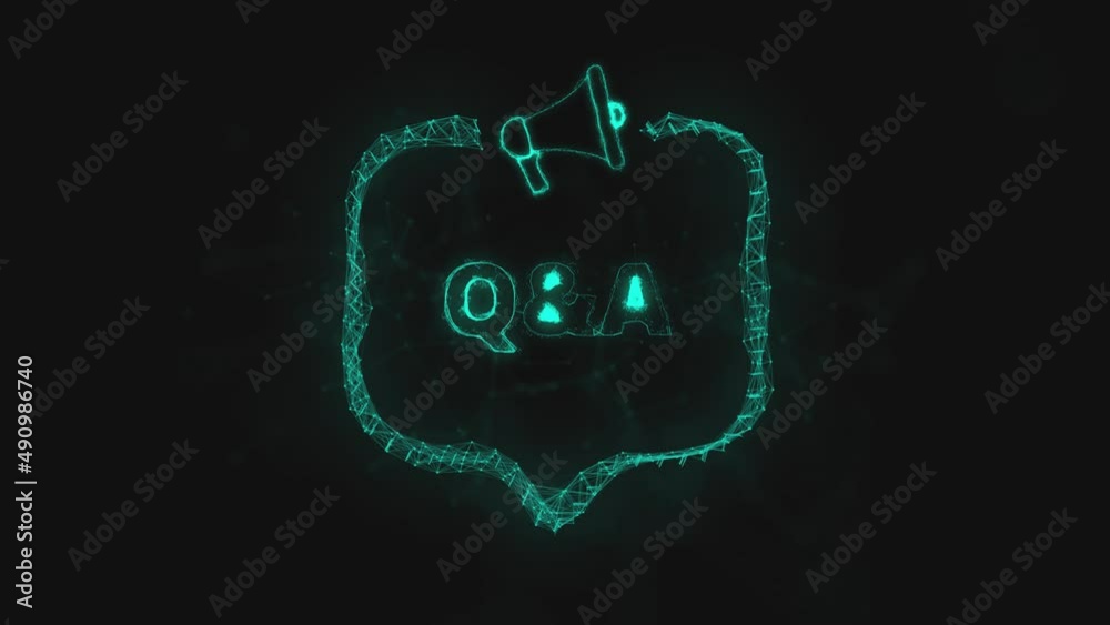 Poster Megaphone banner with speech bubble and text q and a. Question. Plexus style of green glowing dots and lines