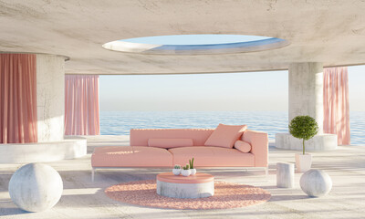 Interior living room with sky and sea view. 3D render