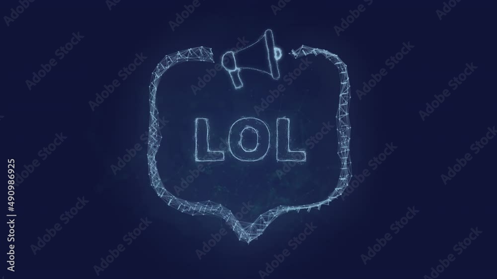 Poster Megaphone banner with speech bubble and text lol. Plexus style of green glowing dots and lines