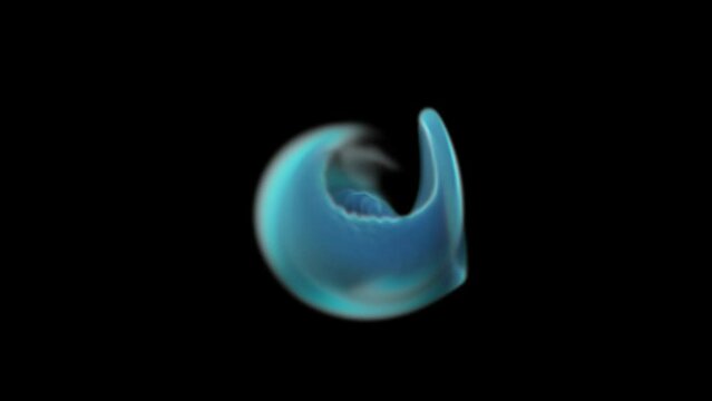 A clot of abstract blue smoke rotates on a black background and takes on arbitrary shapes.