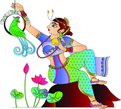 Lord's adha, Gopika, Sevika, have drawn in Indian folk art, Kalamkari style. for textile printing, logo, wallpaper