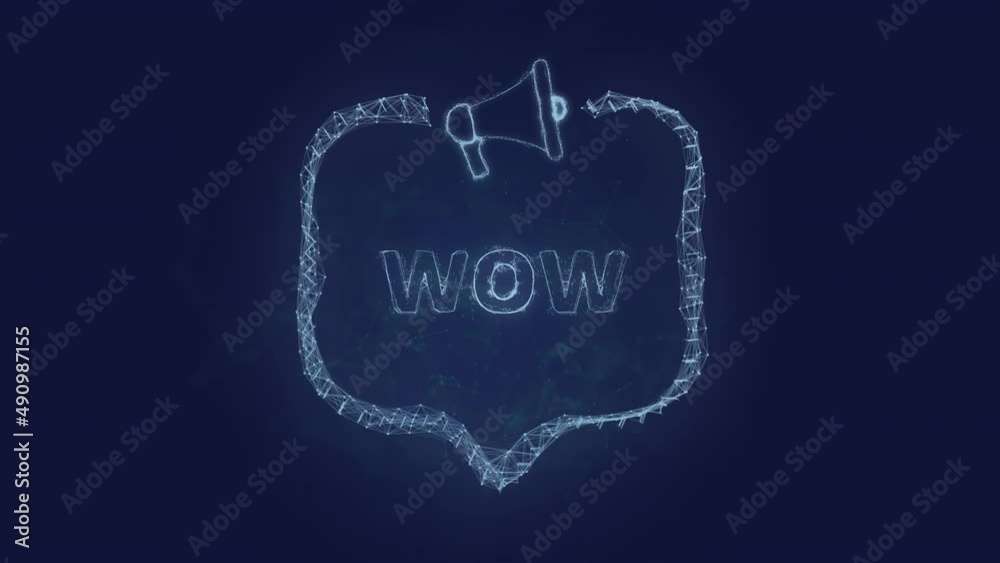 Poster Megaphone banner with speech bubble and text wow. Plexus style of green glowing dots and lines