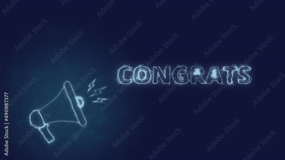 Poster Megaphone banner with text congrats. Plexus style of blue glowing dots and lines