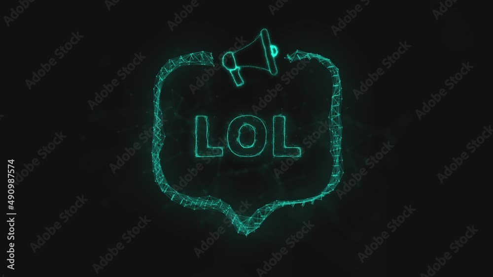 Poster Megaphone banner with speech bubble and text lol. Plexus style of green glowing dots and lines
