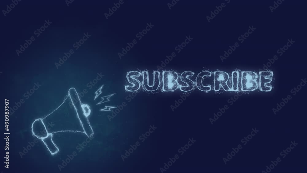 Poster Megaphone banner with text subscribe. Plexus style of blue glowing dots and lines